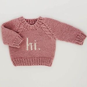 Pink Knit Sweater with 'hi' Embroidery